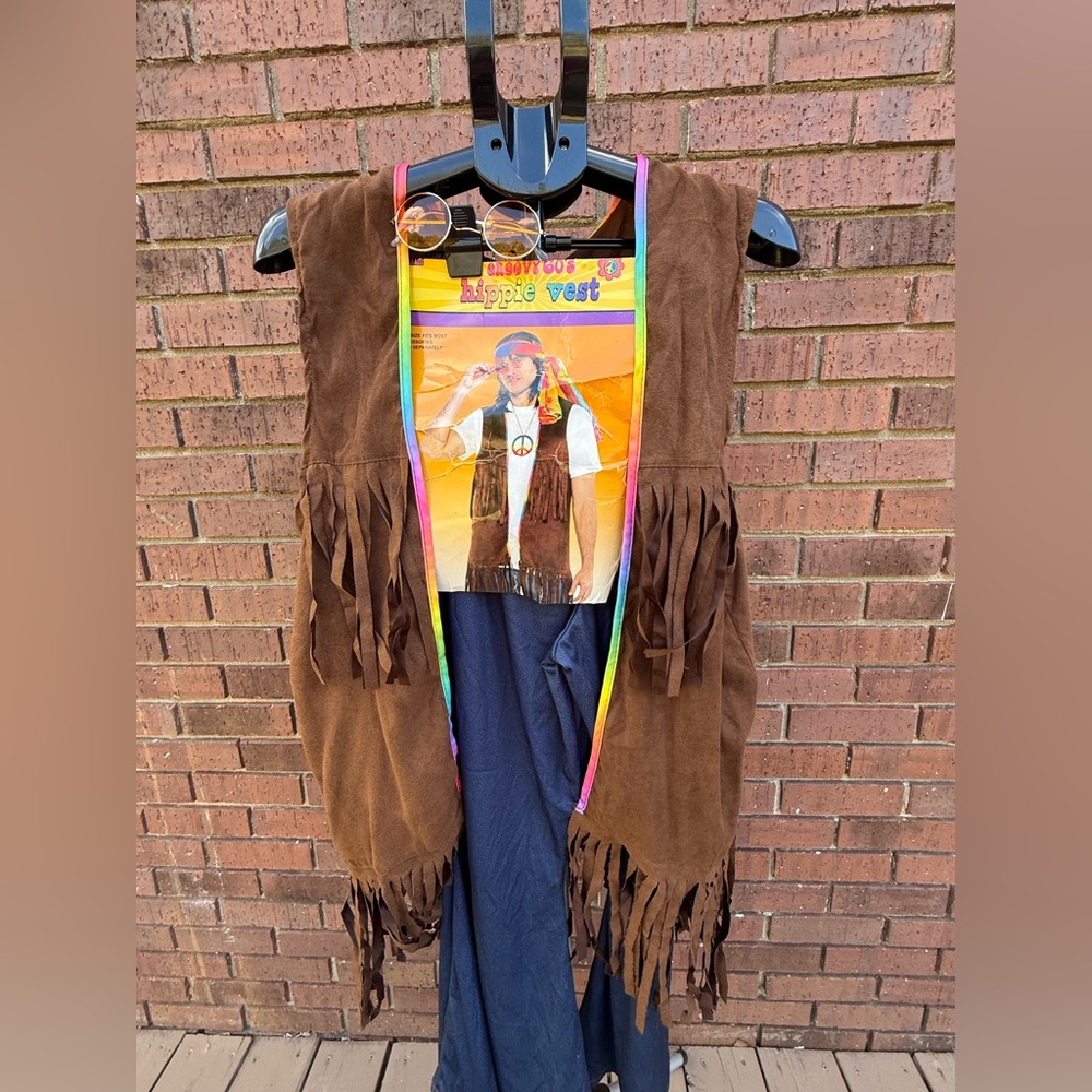 Hippie 60's Groovy Fringe Halloween Costume Vest Pants Glasses Adult One Size